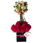 arreglos florales de rosas y mini rosas con chocolates ferrero