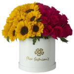 Arreglo de girasoles y rosas redondo en caja